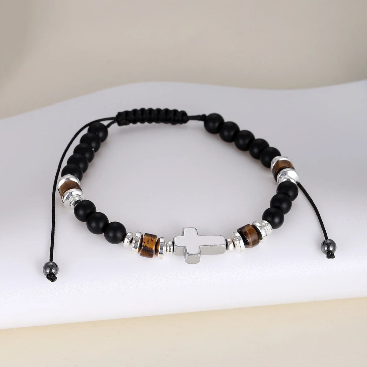 New Men Cross Bracelet Natural Stone 6mm Black Onyx Tiger Eye Beaded Adjustable Bracelets Homme Boyfriend Gift Pulsera Hombre
