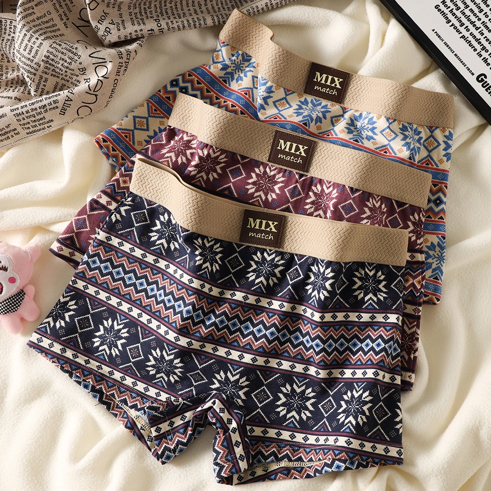 

3PCS/Pack Hygroscopic Breathable Women's Panties 100% Cotton Vintage Print Cozy Soft Lingerie High Elastic Waist Safety Shorts