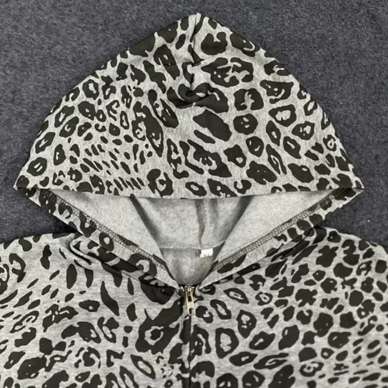 패션 하이 스트리트 레오파드 프린트 후드 스웨트셔츠 미국 가을 루즈핏 지퍼 긴팔 가디건 숏탑 여성 의류