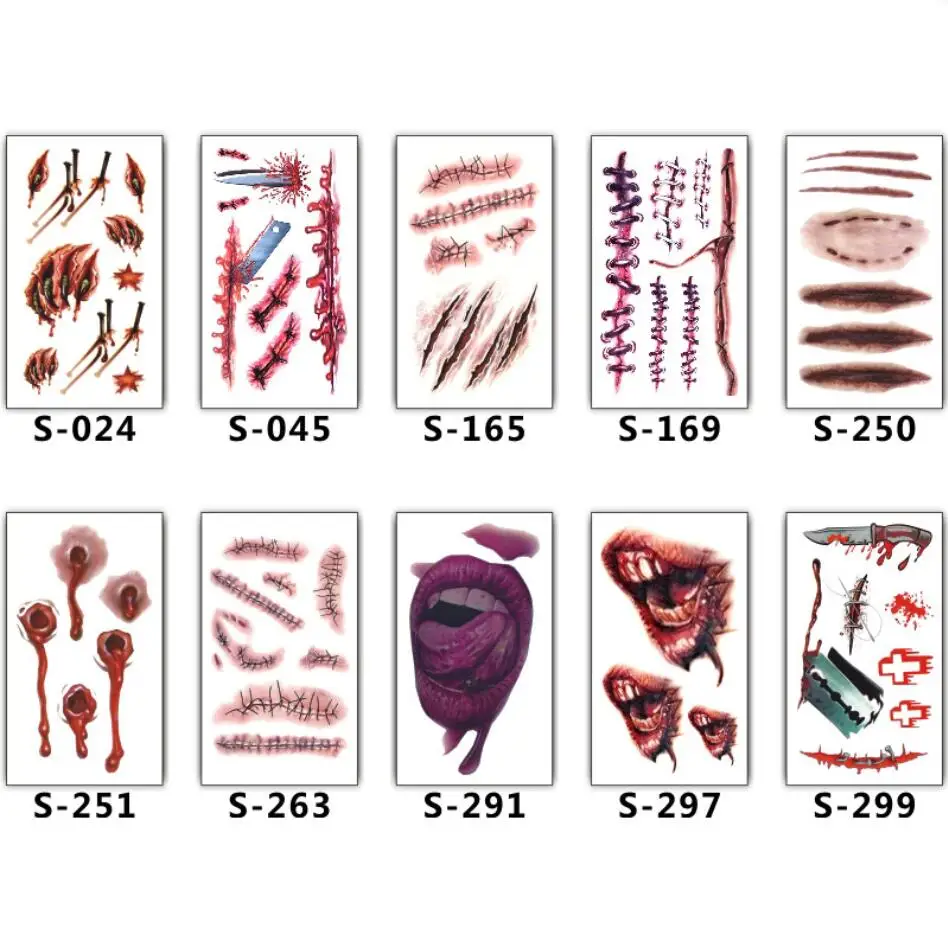 1Pc Waterproof Tattoo Sticker Halloween Zombie Scar Tattoos Fake Scars Bloody Costume Makeup Halloween Decoration T2267