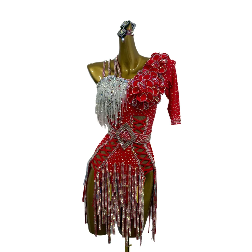Vestido de dança latina adulto e infantil ab pedra high-end personalizado vermelho diamante listra flor vestido cha cha tango roupas femininas