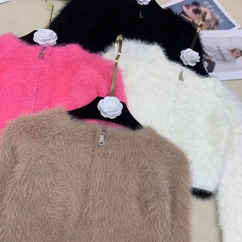 Winter Short Sweater Temperament Gentle Mink Coat Temperament Off Shoulder Zipper Plush Knitted Cardigan Tops