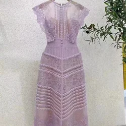 2024 New Luxury Fashion Purple Lace Midi Dress Vintage Women O Neck Sleeveless Embroidery Flower Hollow Out Slim Party Vestidos