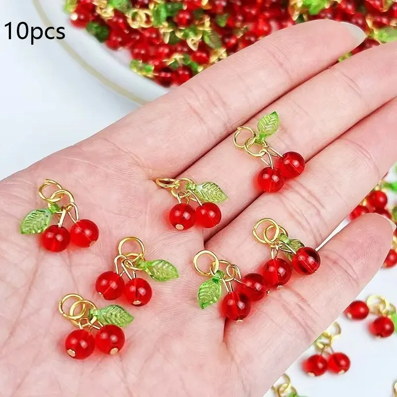 Paquete de 10 Colgantes Acrílicos 3D Multiforma de Cereza Roja de 18x18mm, Encantadores Dijes de Frutas Hechos a Mano para Joyería Femenina