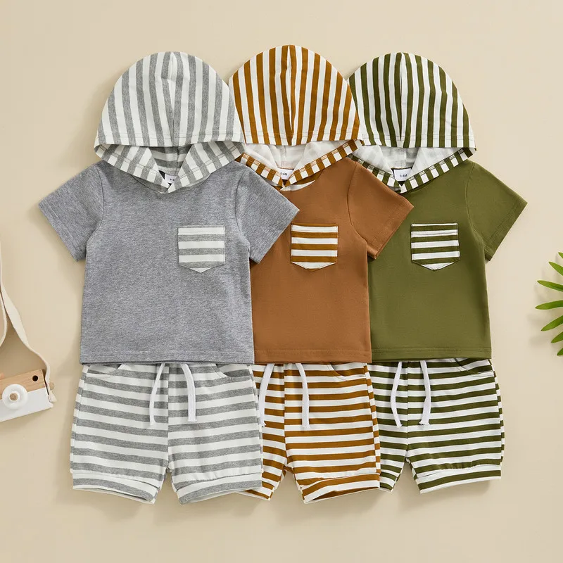 

Toddler Boys Summer Shorts Sets Short Sleeve Hooded Tops and Drawstring Striped Shorts Sets