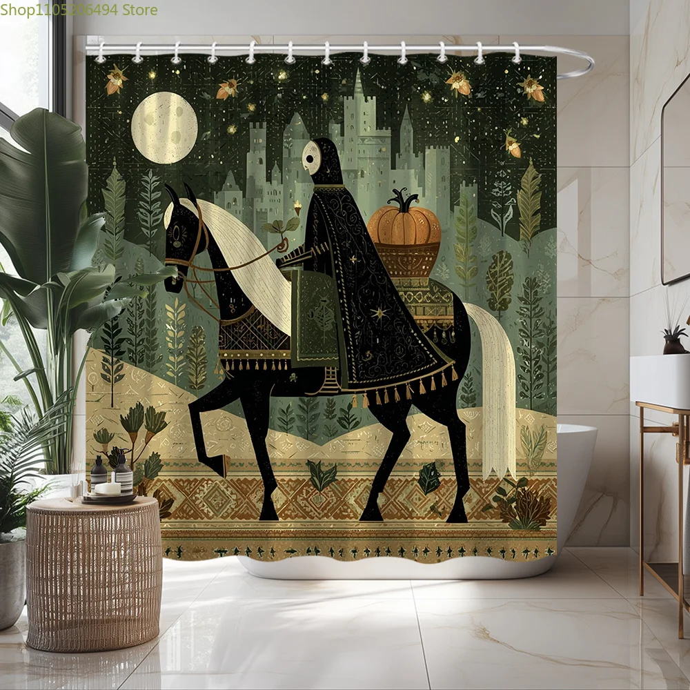 

1 шт. большая готическая занавеска для душа средневекового рыцаря и ведьмы-унидер с тыквой, замком и луной, темно-зеленая/коричневая/золотистая