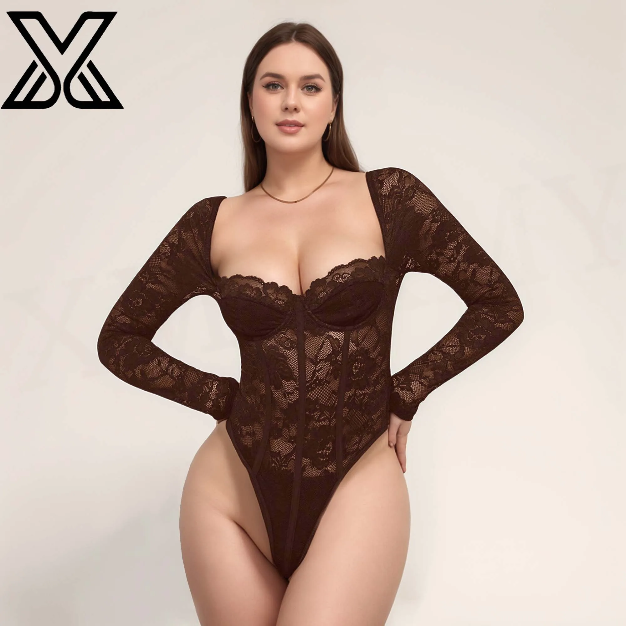 XMJXMY Sexy and sexy lace perspective temperament slim fit long sleeved sexy women's one-piece underwear swimsuit