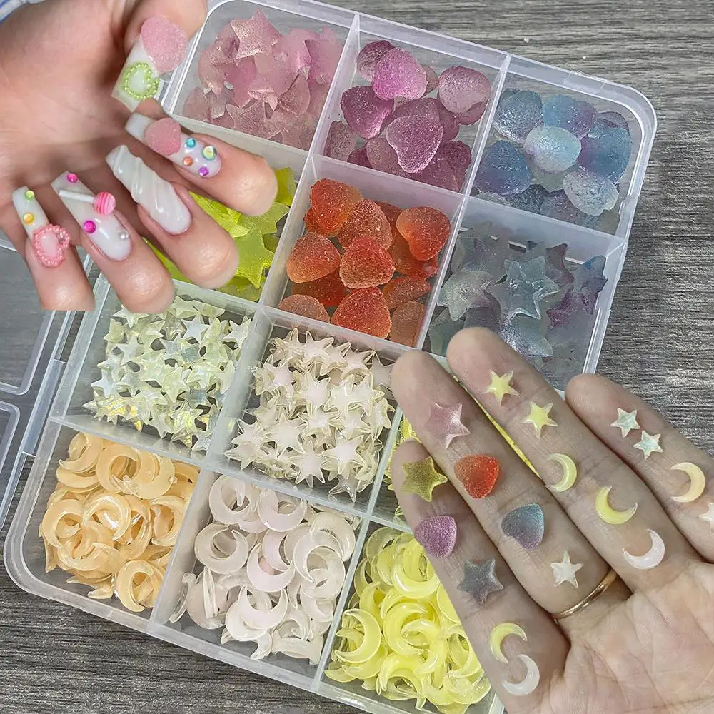 12 rejillas 3D de caramelo, estrella, corazón, dijes para uñas, estrellas amarillas y blancas, Luna, decoraciones artísticas para uñas, dulces, manualidades, accesorios de manicura