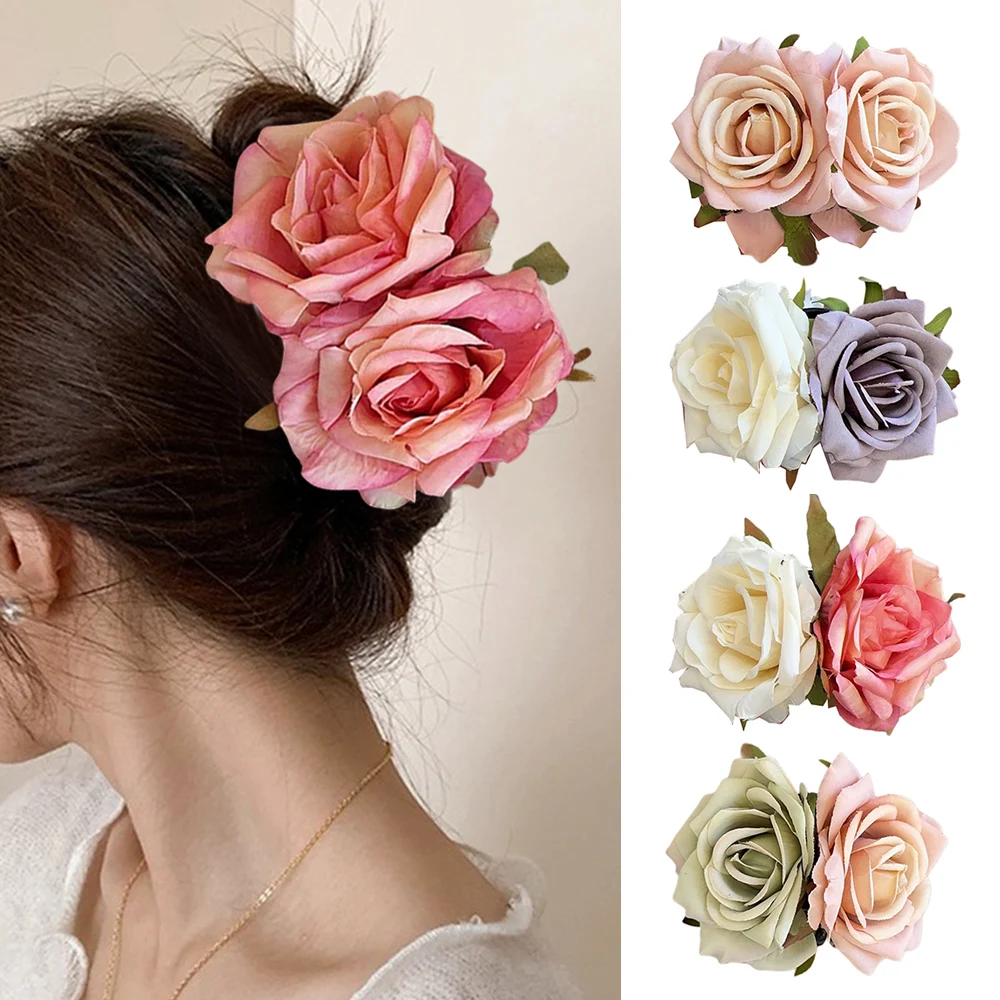 1Pc Women Hair Clamp Ponytail Hairpin 3D Double-sided Flowers Hair Claw Clip Simulation Rose Shape Shark Clip Hair Accessories