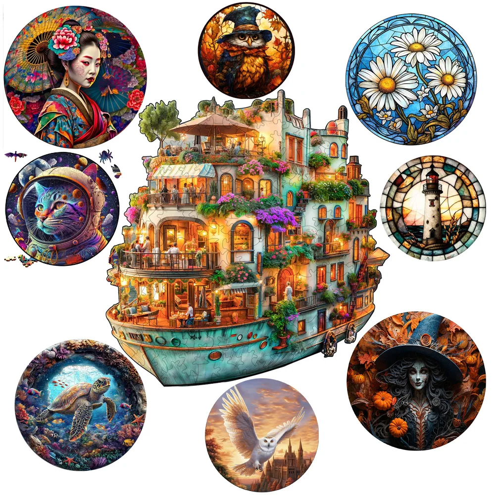 

Lovely Pirate Ship Wood Jigsaw Unique Circular Wooden Animal Puzzle for Adult Kids Intelligent DIY Toys Holiday Gifts