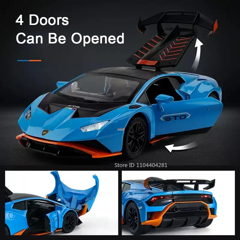 Lambor Huracan STO SCV12, modelo de juguete, coches de aleación fundidos a presión, puertas abiertas con sonido, luz, vehículos extraíbles, regalos de cumpleaños para niños, 1:24