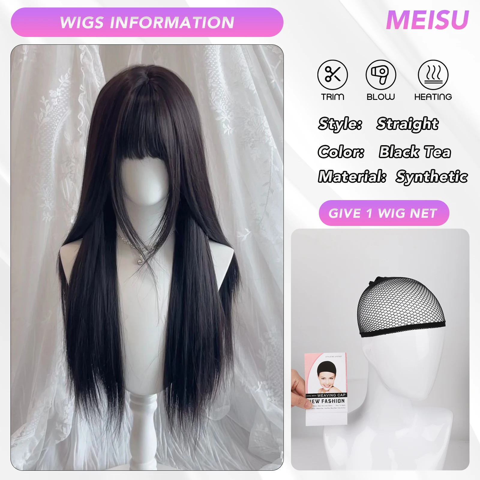 MEISU 26 Inch Straight Bangs Wig Black Tea Synthetic Fiber Layered Hair Heat-Resistant Natural Smooth Extend Hair Selfie Party