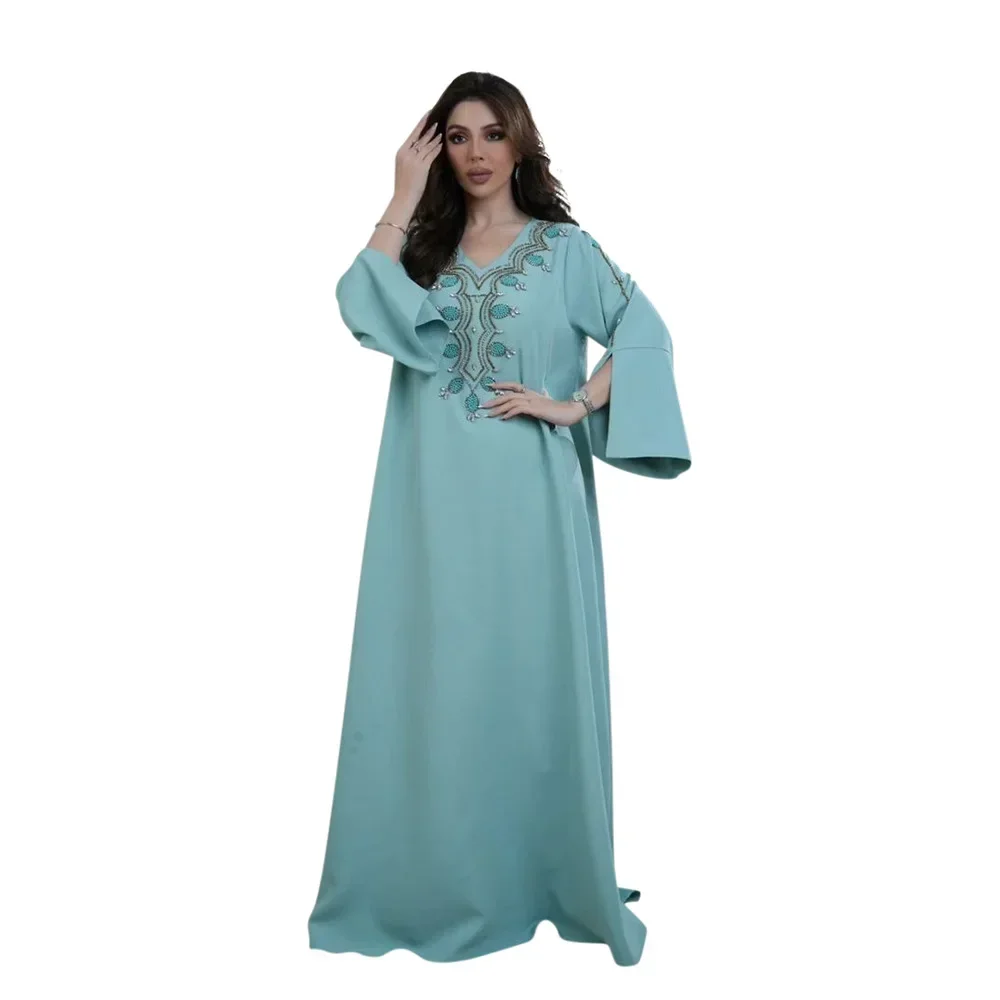 Diamond Casual Arabian Dubai Abaya Loose Muslim Dress Women Party Holiday Long Sleeve Daily Dress Kaftan Femme Musulman Caftan