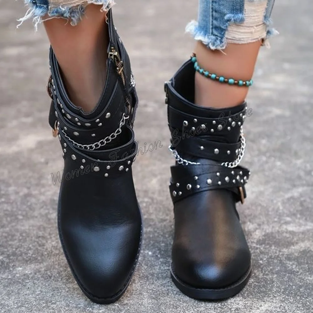 

Black Rivet Decor Chain Decor Side Zipper Boots Buckle Decor High Heel Shoes for Women Sexy Heels 2024 New Zapatos Para Mujere