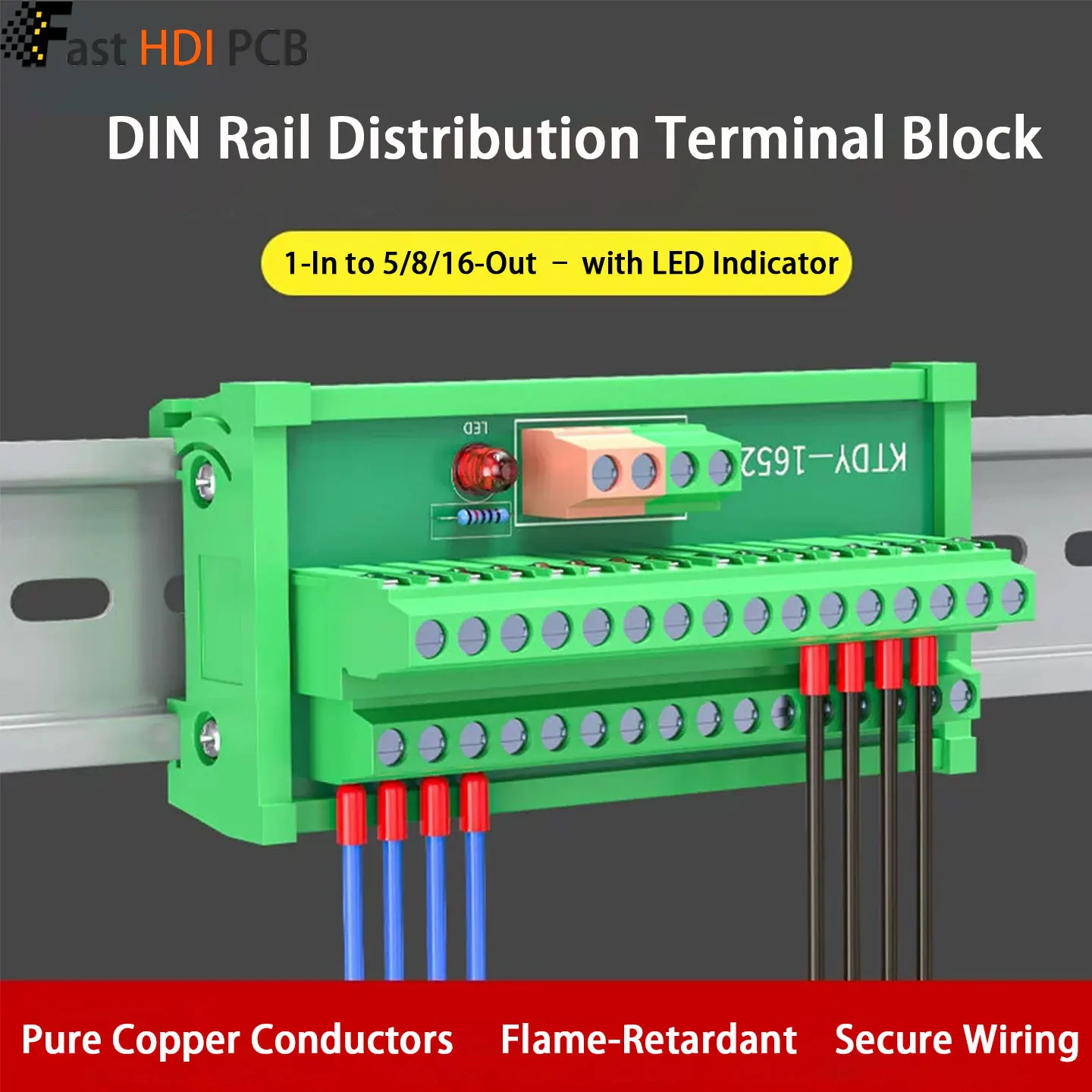 DIN Rail Power Distribution Block 1 in 5 Out 8 Out 16 Out Terminal Junction Box Screw Type PA66 Flame Retardant for Electrical