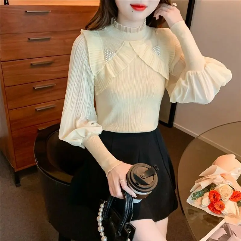 Women Fashion Ruffled Beaded Chic Sweet Knitted Blouses 2024 Spring Autumn Half High Collar Long Sleeve Slim Pullover Basic Tops