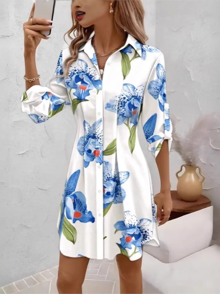

Women's Comfortable Fashion Printed Long-sleeved Lace-up Shirt Skirt Summer Mid-waist Single-breasted Gentle Casual Dress
