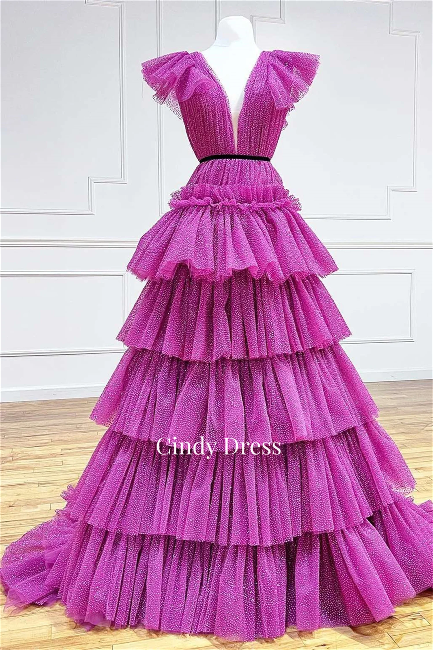 Cindy Fuchsia Shiny Layered V-Neck Sharon Happy Dress 2023 Gala Party Turkey Customs Products Women Evening Female Wedding Gown