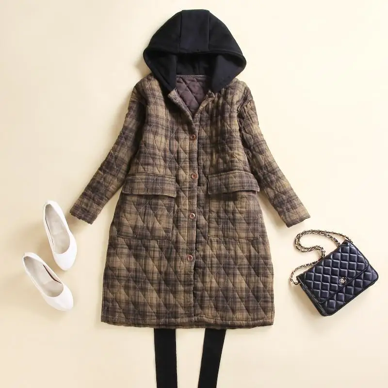 Vintage Plaid Women Clothes 2024 New Autumn Winter Casual Loose Cotton-Padded Hooded Coats Office Lady Outerwear Parkas Coat