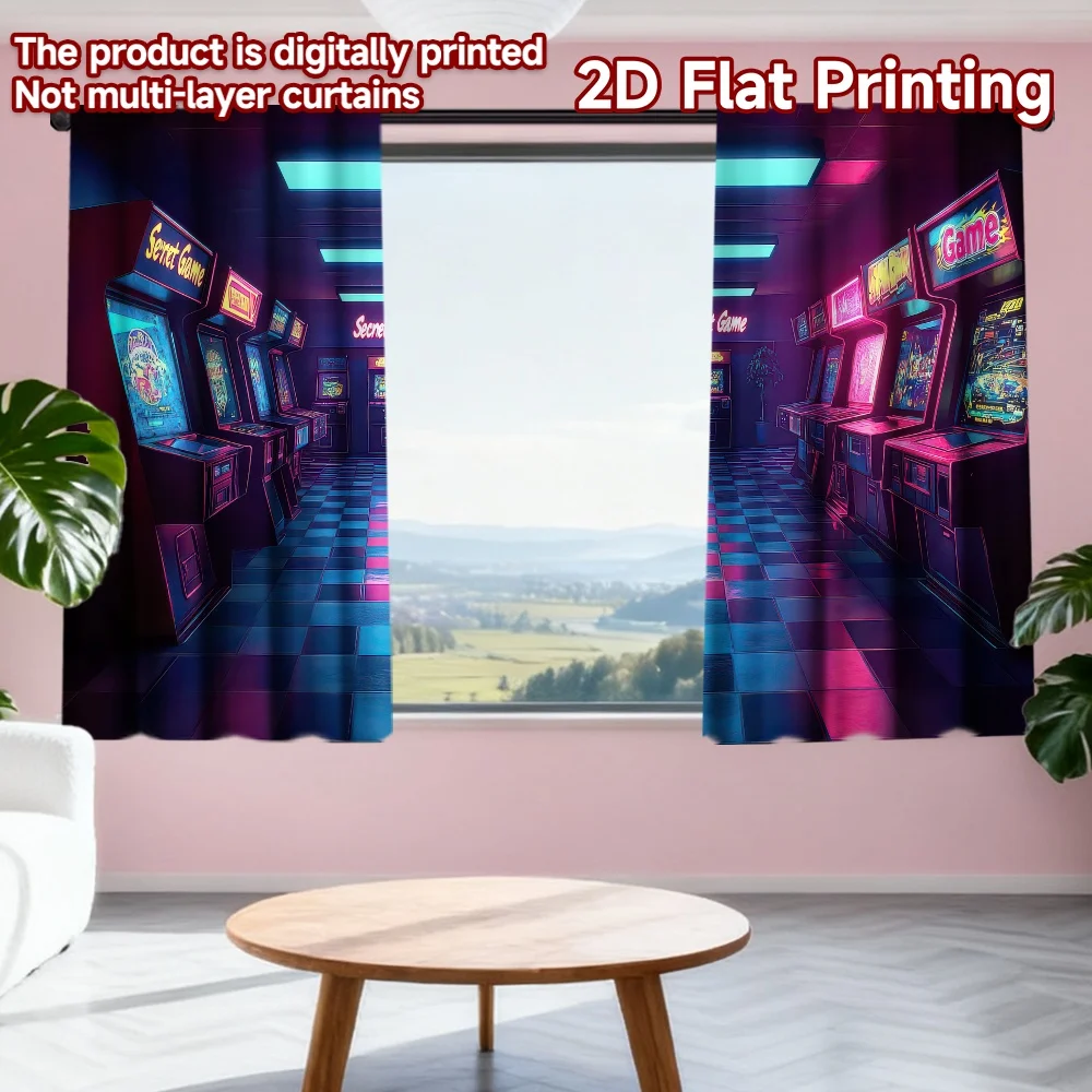 

2D flat printing 2pcs Curtains Retro Arcade Room Digital Printed Polyester Drapes Seasonal Party & Holiday Decor Perfect for
