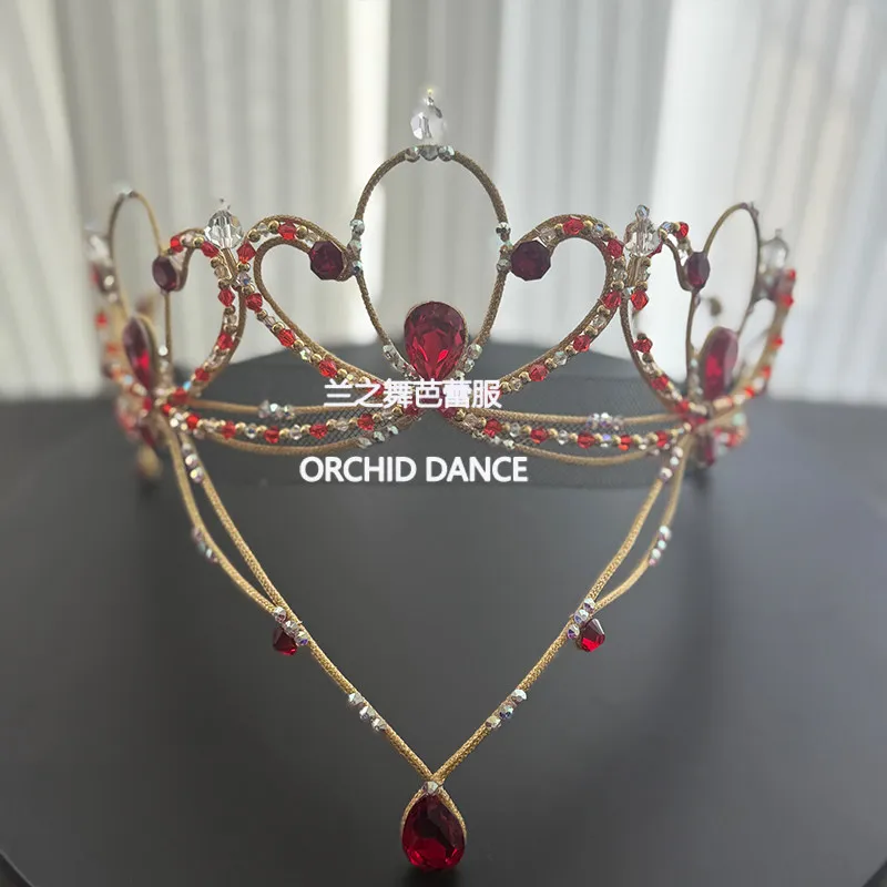 Ballet crown headpiece decorated with heart‑shaped hollow red rhinestone tiara with water drop forehead pendant for ballet solo