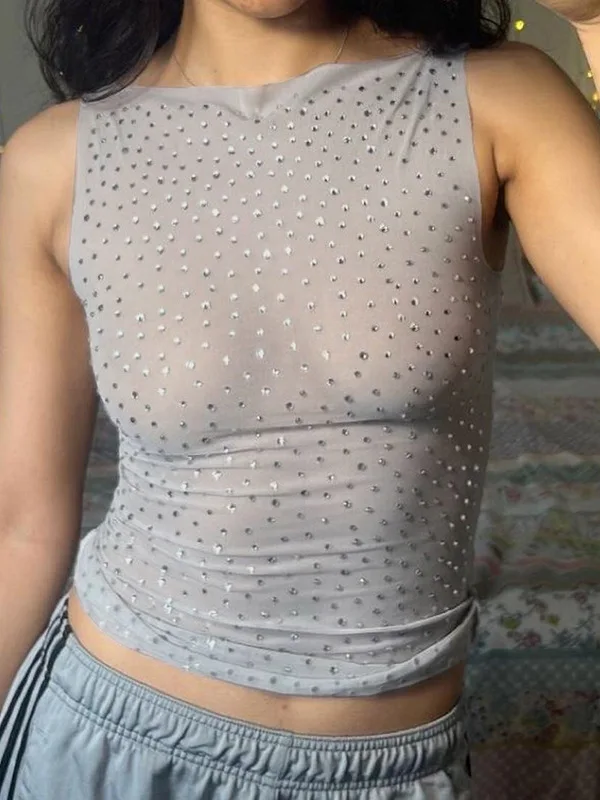 

Сексуальный модный дизайн с бриллиантами, приталенный крой, универсальная базовая майка, женская одежда, летняя обычная тонкая одежда