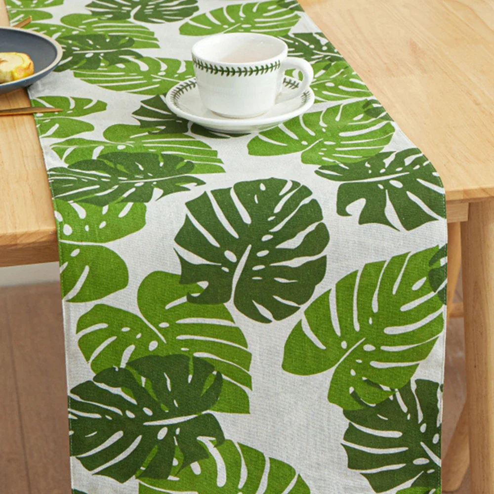 

Spring Green Leaves Table Runner Holiday Party Decorations Tablecloth Bohemian Style Washable Dining Table Runners Kitchen Decor