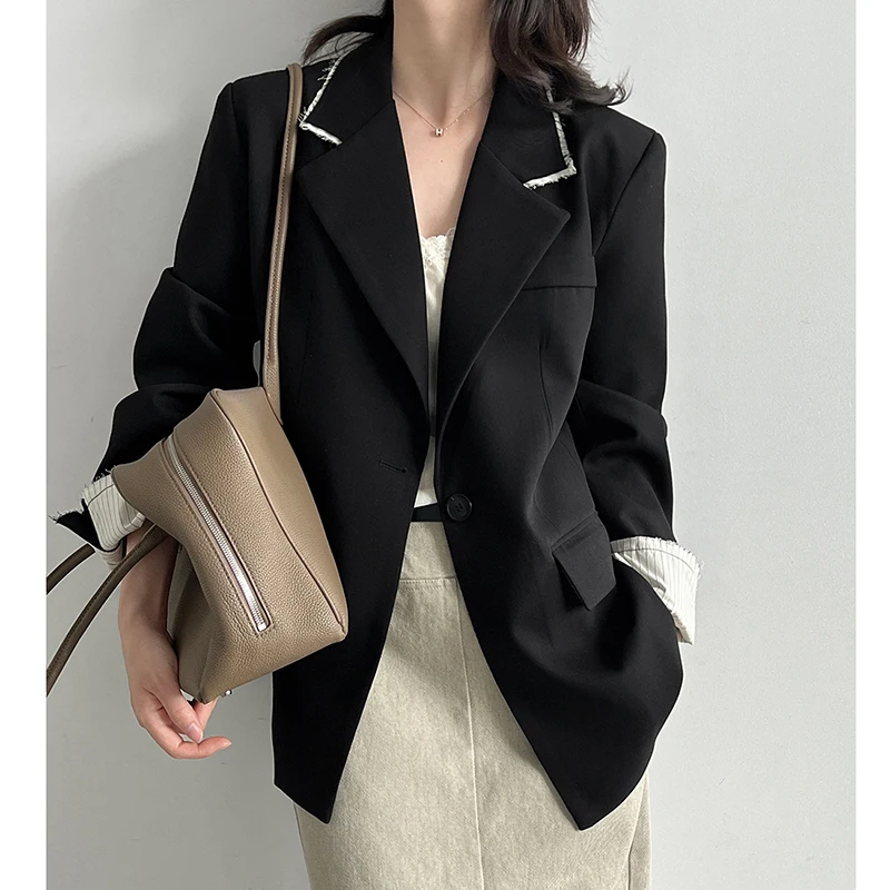 Contrasting Color Frayed-edge Style Wool Blazer Women Fall Winter Long Sleeve Single Button Suit Coat Office Ladies Elegant Coat