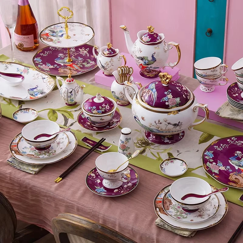 Tea set Exquisite porcelain Purple bone china Coffee Tea set 6 pieces Retro