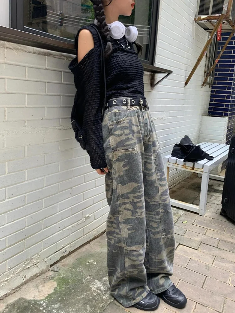 

High Waist Wide Leg Straight Cut Camouflage Denim Jeans Women's plus Size Casual Long Pants Slimming Trendy Girl Streetwear