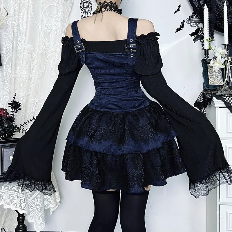 Goth Dark – Mini robe trapèze texturée pour femmes, tenues gothiques de centre commercial, garniture en dentelle Jacquard, robes ornées, robe de bal d'halloween