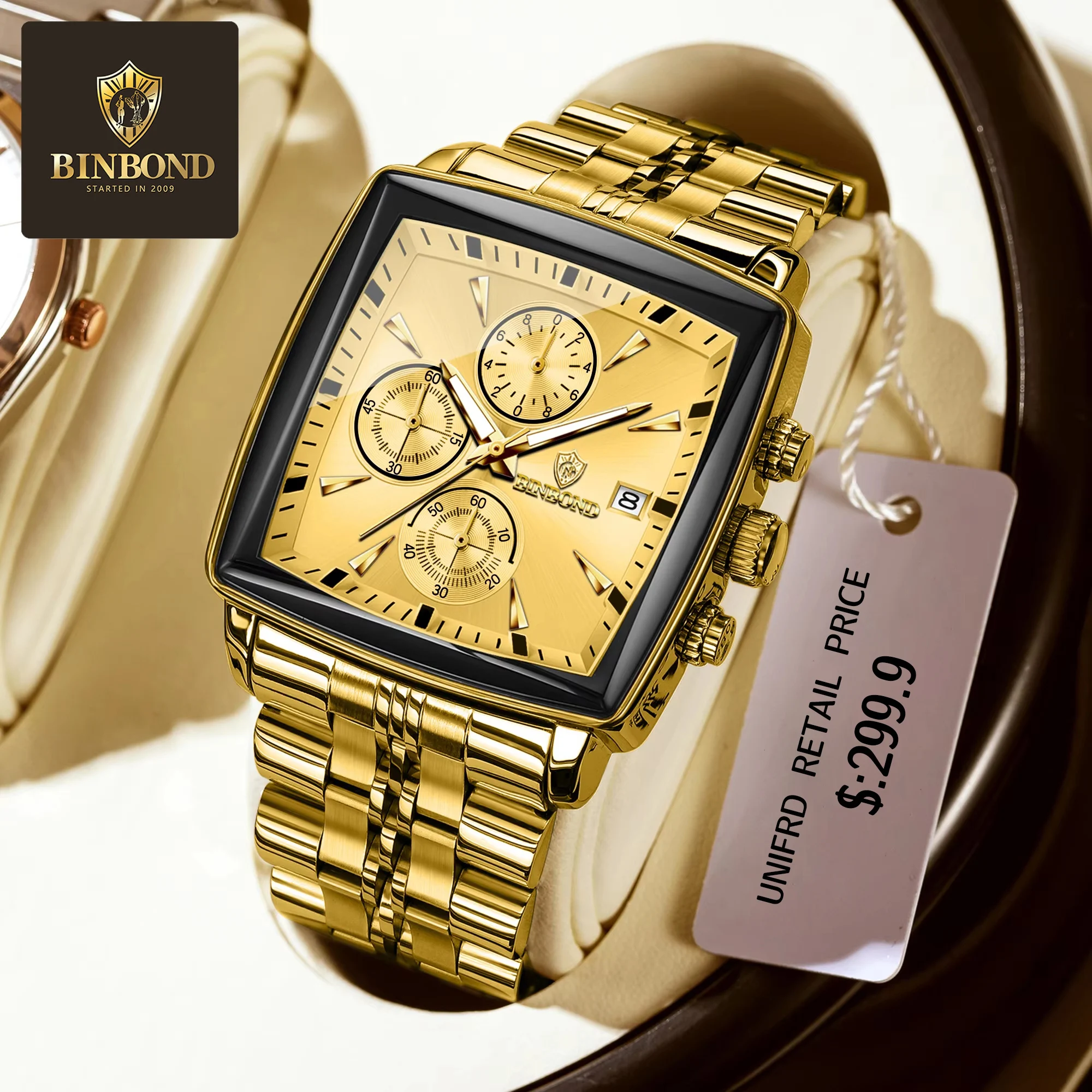 BINBOND ساحة ساعة رجالي مقاوم للماء ضوء الليل كرونوغراف التقويم ساعة رجالي الفولاذ المقاوم للصدأ كوارتز ساعة رجالي + صندوق Reloj