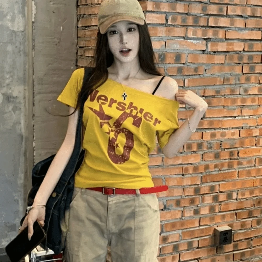 Fashion Y2k Off Shoulder Top Skew Collar Body Basic Short Sleeve Letter Print T Shirt Vintage Style image 2