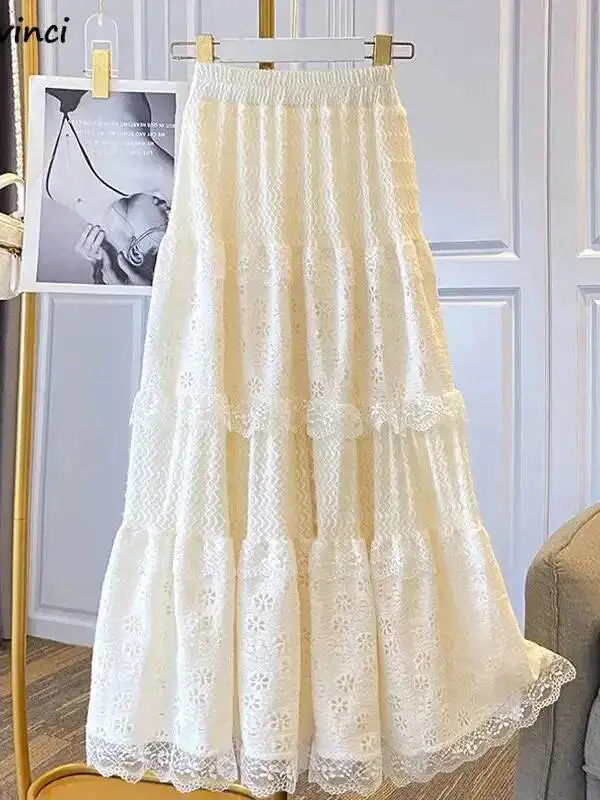 レーススカート女性フレンチスタイル足首までの長さの高弾性ウエスト中空アウトパッチワーク新しいルーズスリム韓国スタイル A ライン甘い OP8