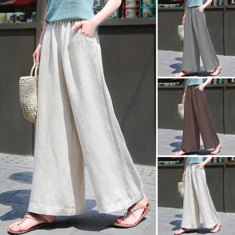 

Pure Color Pants Elastic High Waist Wide Leg Trousers Solid Color Draped Pants for Women with Pockets Loose Fit Long Length