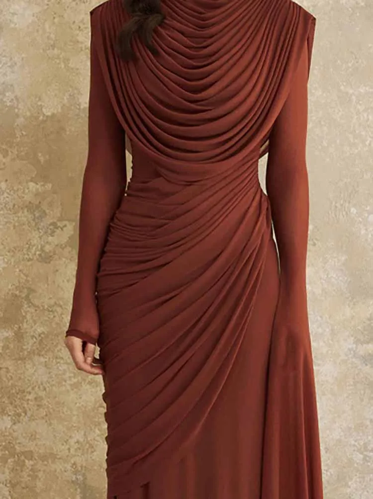 

Женское платье с круглым вырезом и длинными рукавами, весеннее, простое, однотонное, плиссированное, новое, модное, 2026 года, с завышенной талией, для вечеринок, Vestido