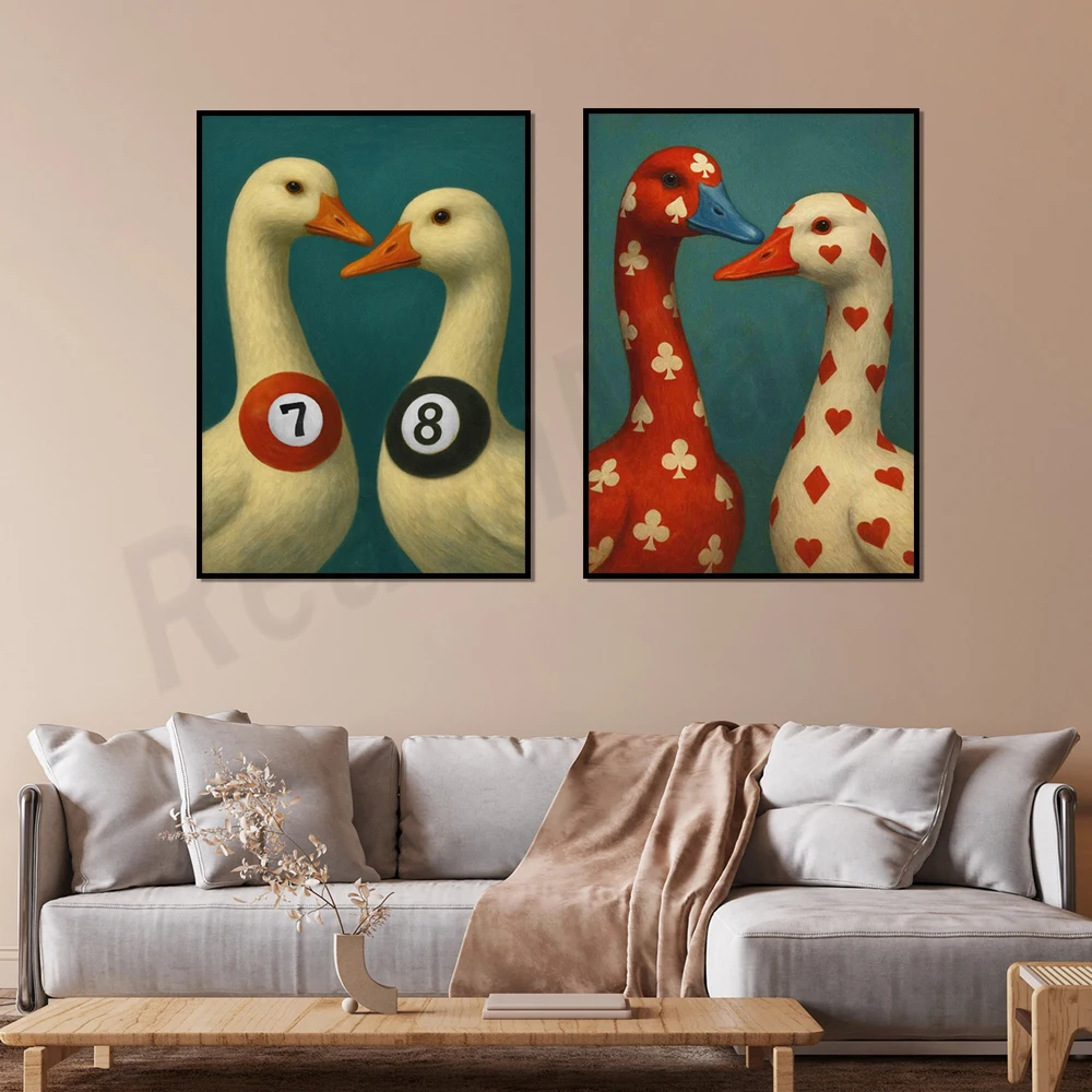 Goose pop art, lucky 7 and 8 ball print, fun retro spade ace, quirky style billiards themed game room wall art decor poster
