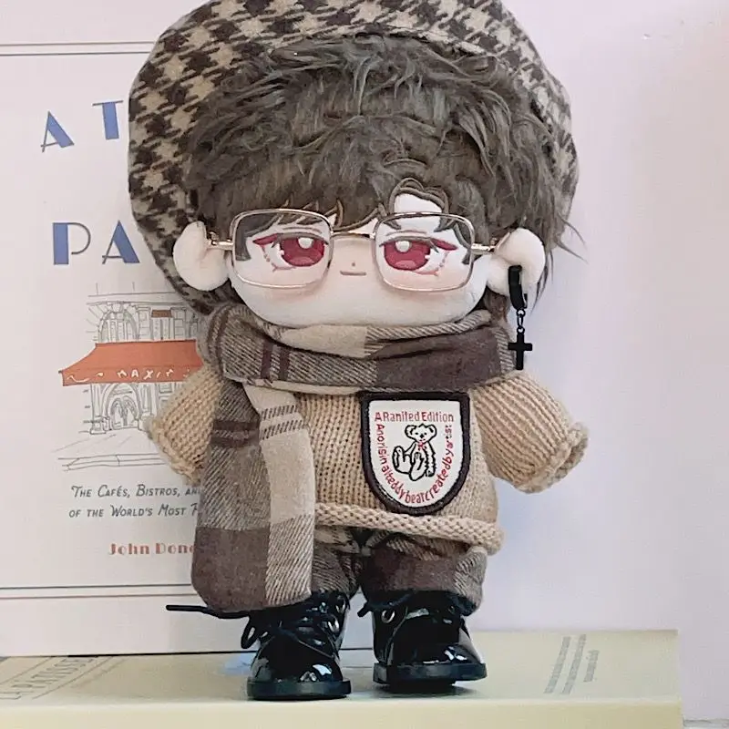 20 cm Babykleidung, brauner Pullover, karierter Schal, Set, Brille, Baumwolle, Babykleidung