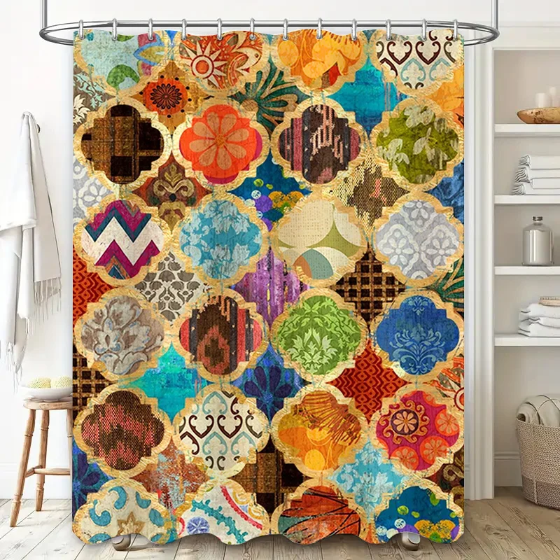 Bohemian Patchwork Elegance: Multicolor Geometric Pattern Shower Curtain for a Vintage and Artistic Bathroom Décor