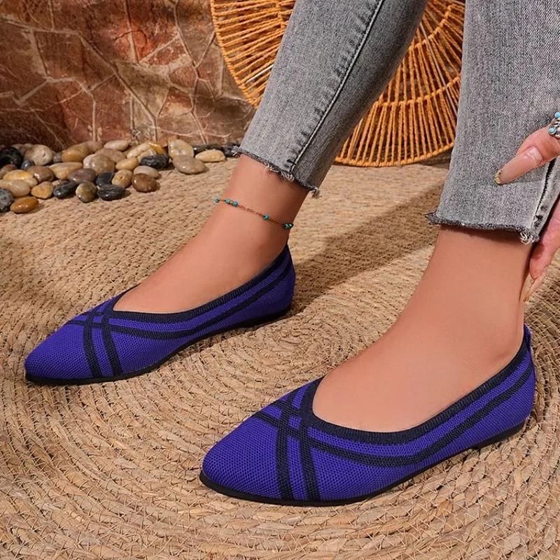 Women's Pointed Toe Flat Shoes Solid Color Knitted Slip on Shoes Casual Breathable Ballet Flats Women Flat Shoes Loafers Women