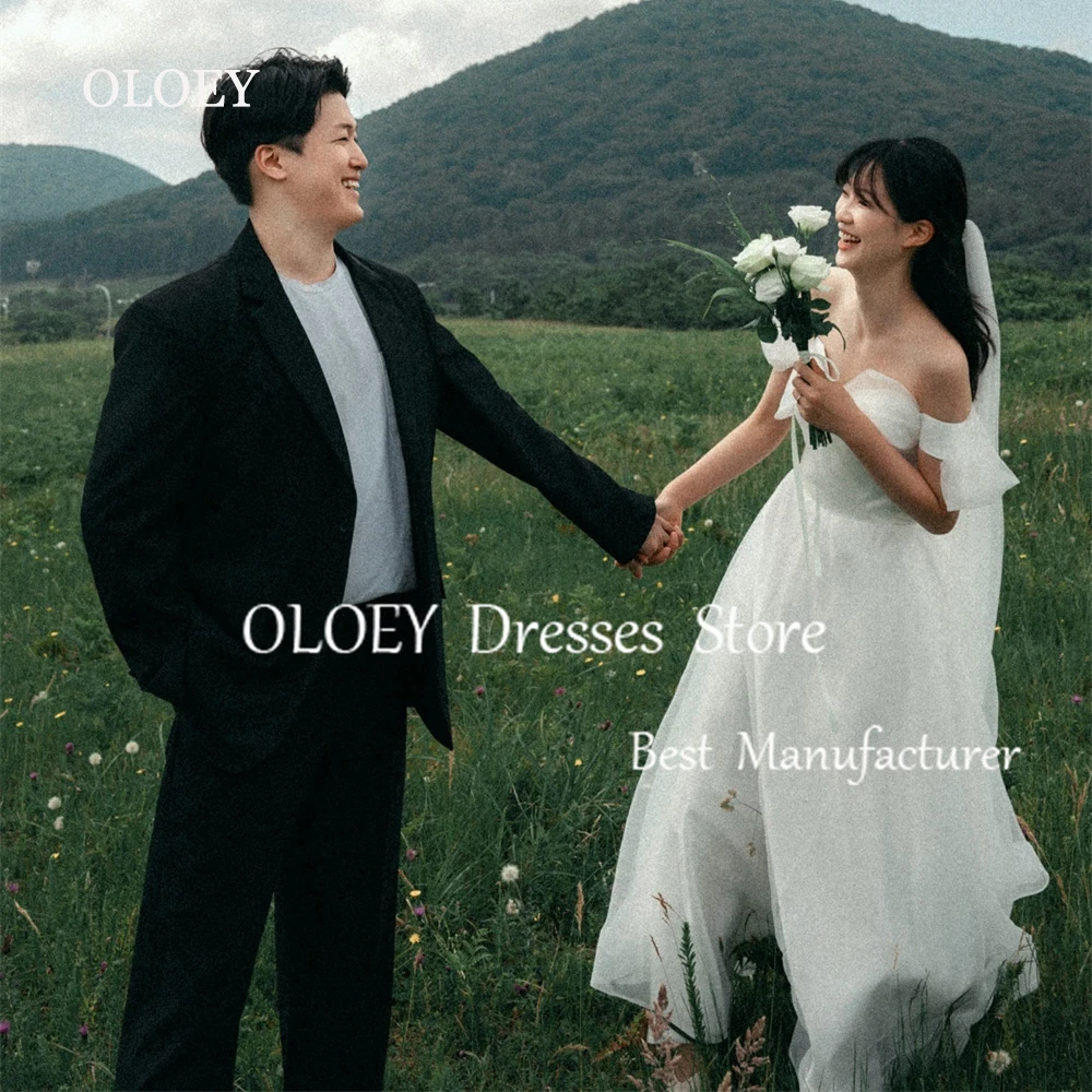 OLOEY Off Shoulder Ivory A Lien Wedding Dress Korea Photoshoot Pleats Bridal Gown Plus Size Floor Length Custom Made