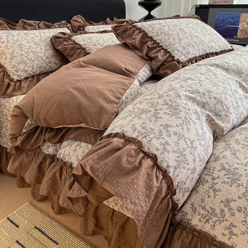 French Wind Lace Bed Cover Washed Cotton Double Yarn Four-piece Set Retro Floral Quilt Cover Bed Sheet Pillowcase Bedding Set