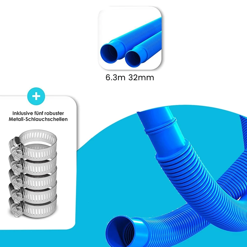 6.3M Swimming Pool Hose Diameter 32 Mm With Hose Clamp ,Swimming Replacement Pipe Pool Cleaner Tool