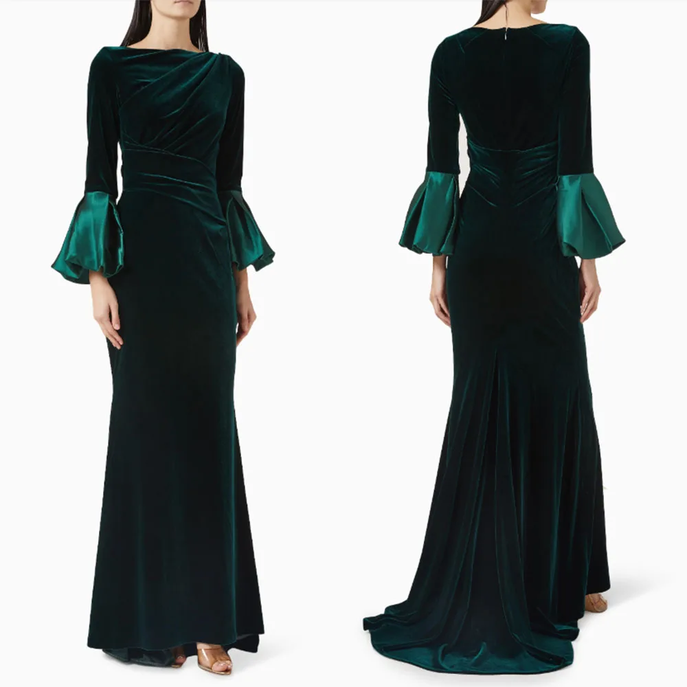 

High Quality Customized Floor Length Sweep Train Full Sleeves Green Long Bespoke Occasion Dresses Evening Gowns Luxury فستان