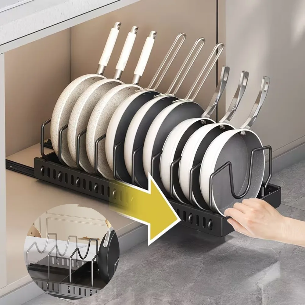 Organizzatore estraibile per armadietti da cucina, supporto per pentole e padelle, portacoperchi scorrevole con 10 divisori regolabili.