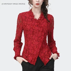 Womens Long Sleeve V-neck Embroidered Floral Red Lace Shirt 2024 Spring Summer Tops Vintage Slim Hollow Out Ladies Blouses