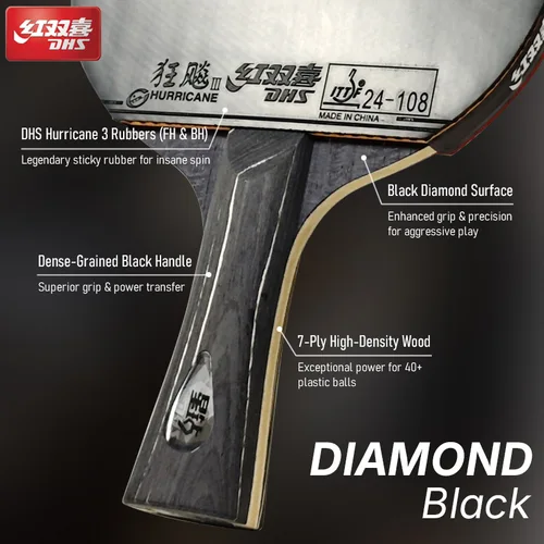Imagen 2 del producto DHS DIAMOND Raqueta de tenis de mesa negra de 7 capas con gomas Hurricane 3 - Bata de paleta de Ping Pong profesional para girar y velocidad