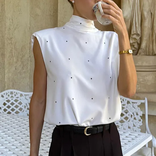 Haut à col roulé en Satin blanc sans manches pour femmes, taille haute, tenue élégante et décontractée, printemps 2026, vêtements de bureau pour les déplacements quotidiens