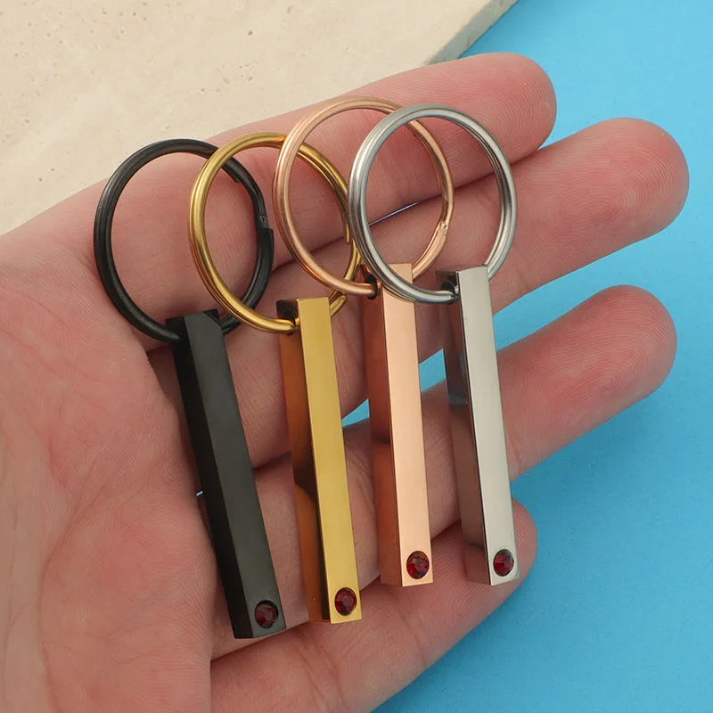 12Pcs Stainless Steel Bar Rectangular Column with Birthstone Keychain Metal Oblong Rod Rectangular Blank For Engrave Key Chain