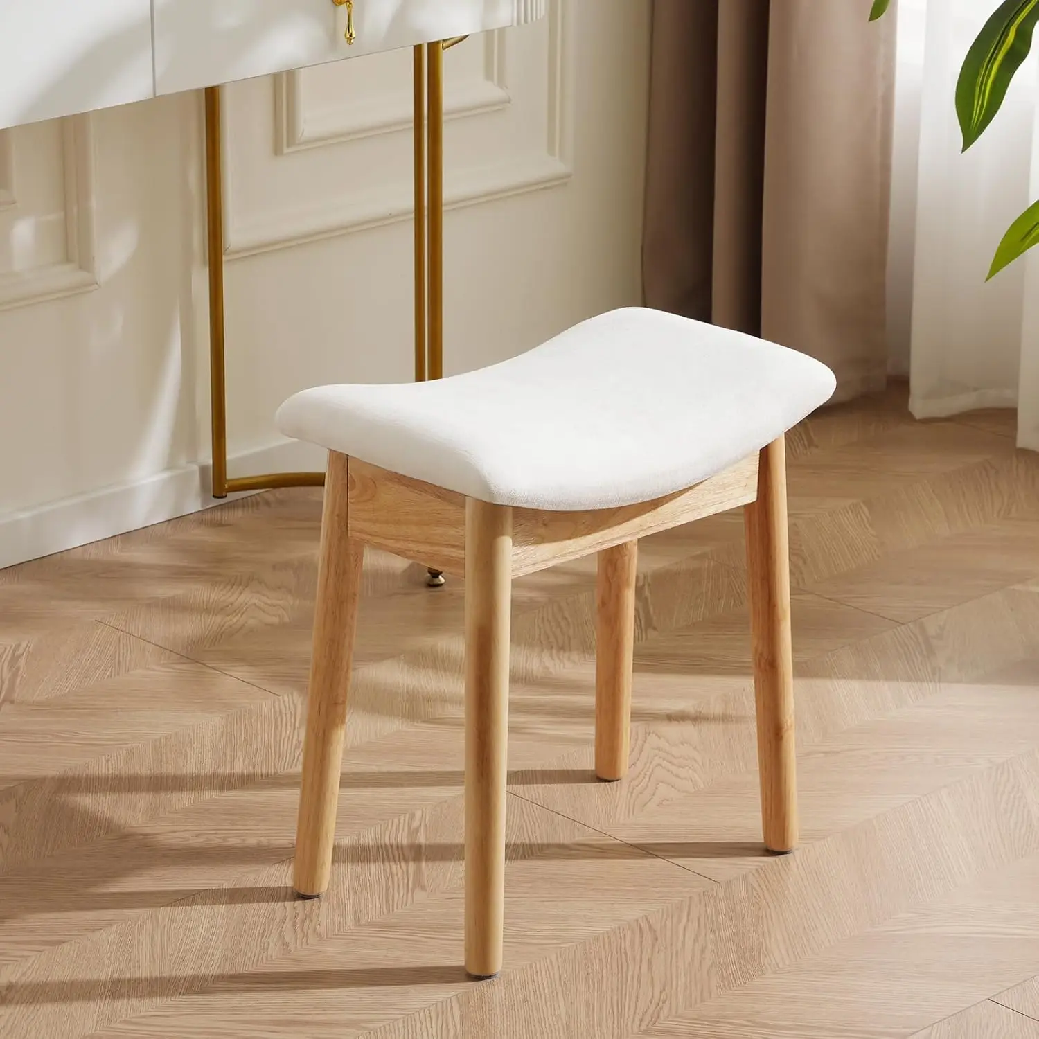 

Modern Square Linen Vanity Stool, Padded Ottoman Foot Rest for Bedroom, Bathroom, Beige